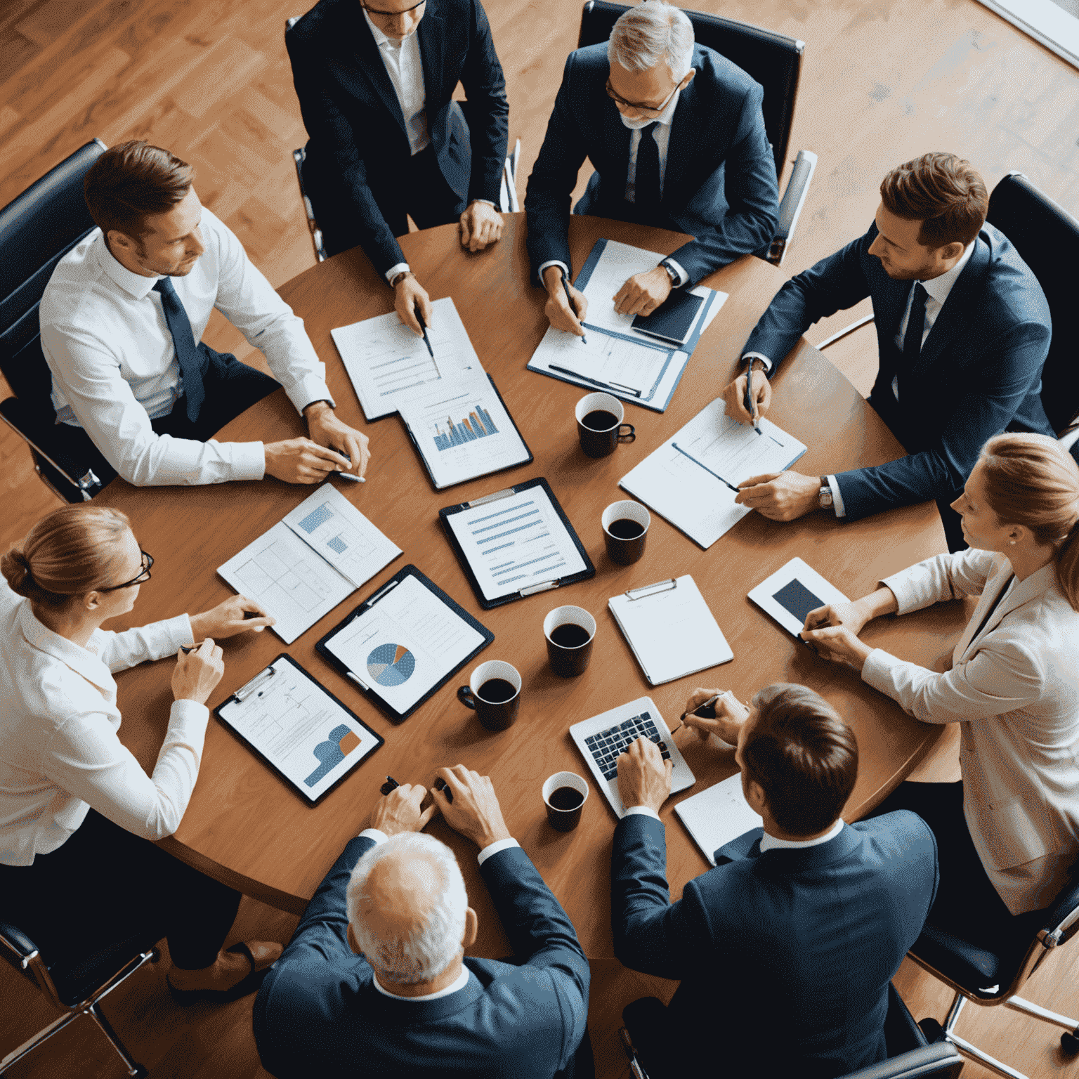 A team of professional consultants discussing business strategy around a conference table