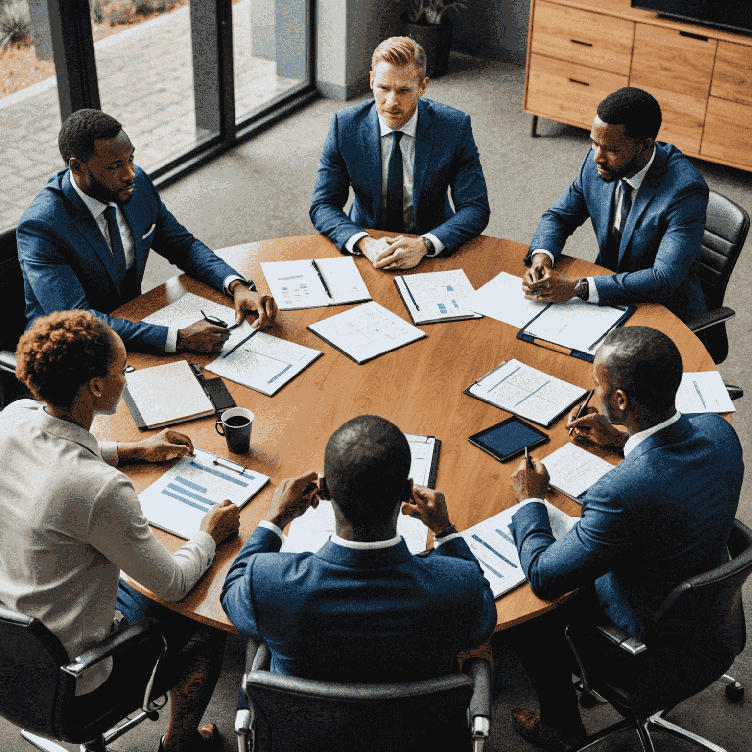 A team of business professionals gathered around a conference table, discussing strategic plans and goals for their company's future growth and success in the South African market.