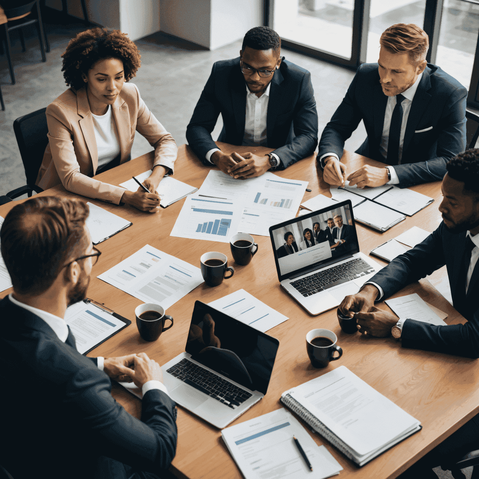 A diverse business team gathered around a conference table, engaged in strategic planning discussions. Papers, laptops, and coffee cups are visible on the table.