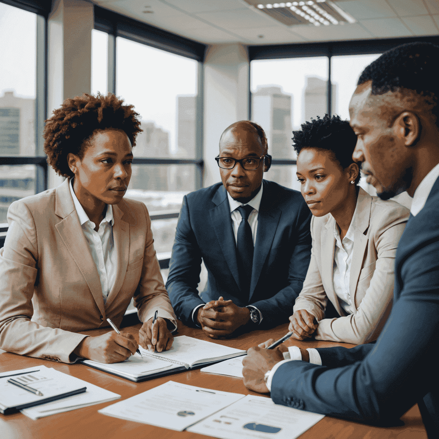 South African business professionals discussing financial strategies in a meeting room