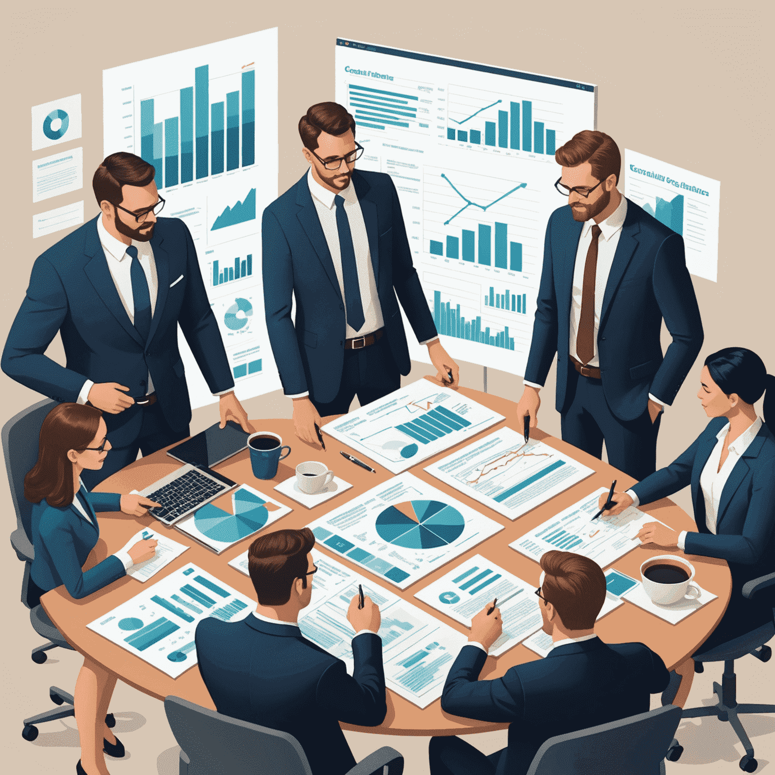 Illustration of financial consulting trends including graphs, charts, and people in business attire collaborating