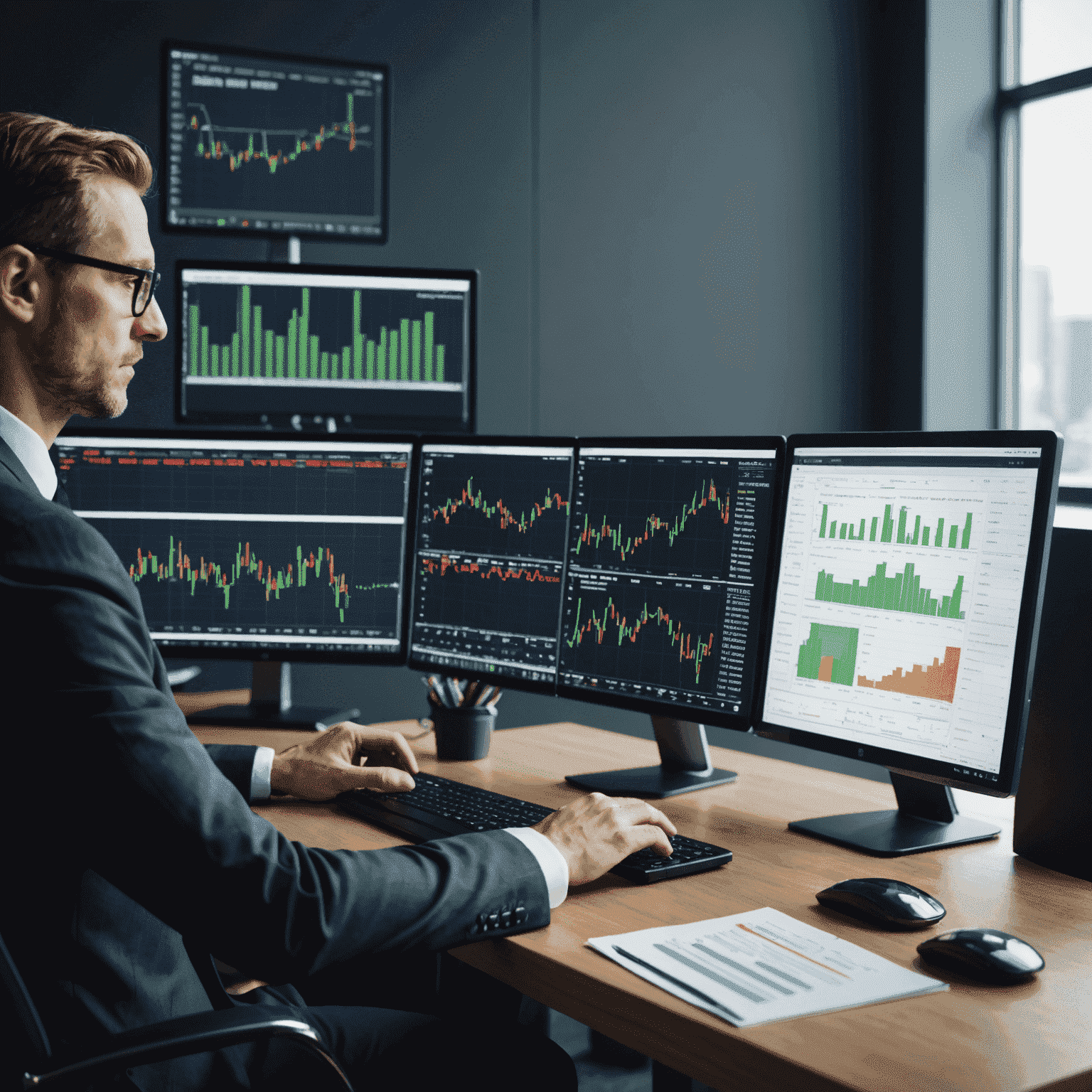 A financial consultant analyzing stock market data and investment charts on a computer screen