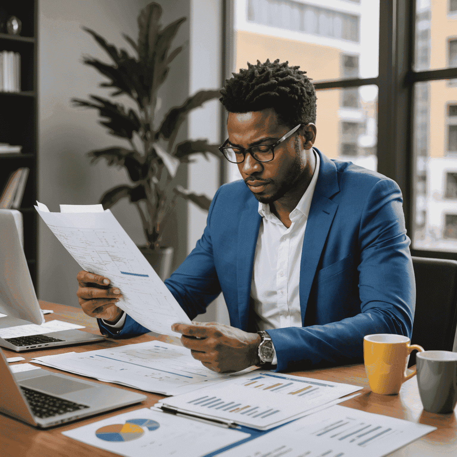 A stressed business owner reviewing financial documents and charts, seeking solutions to navigate the challenges faced by their South African business.