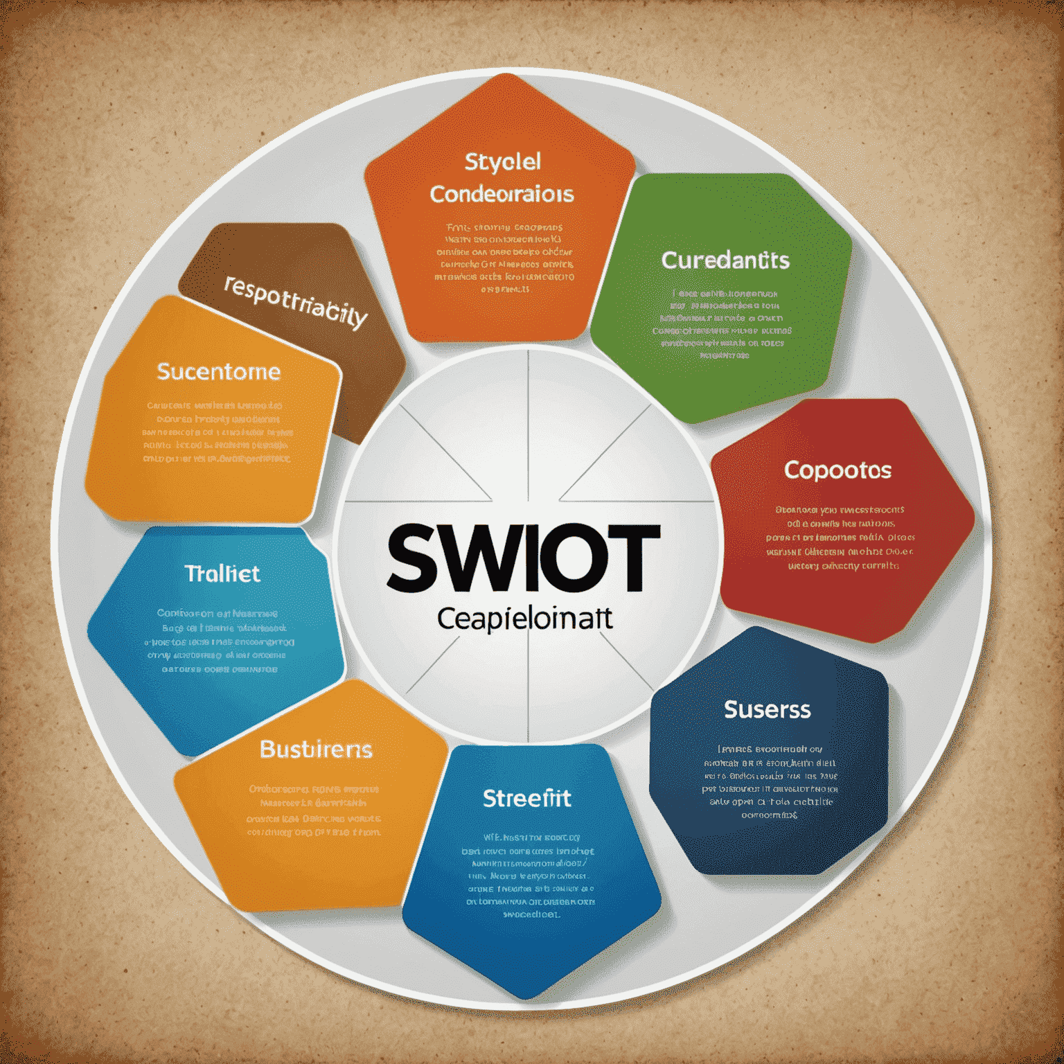 A SWOT analysis diagram, with Strengths, Weaknesses, Opportunities, and Threats quadrants filled with various business factors and considerations.