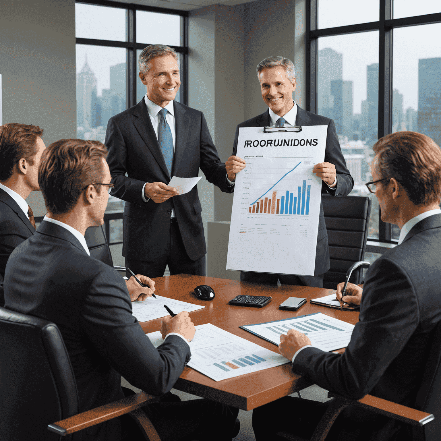 Illustration of a financial consultant presenting strategic recommendations to a group of business executives