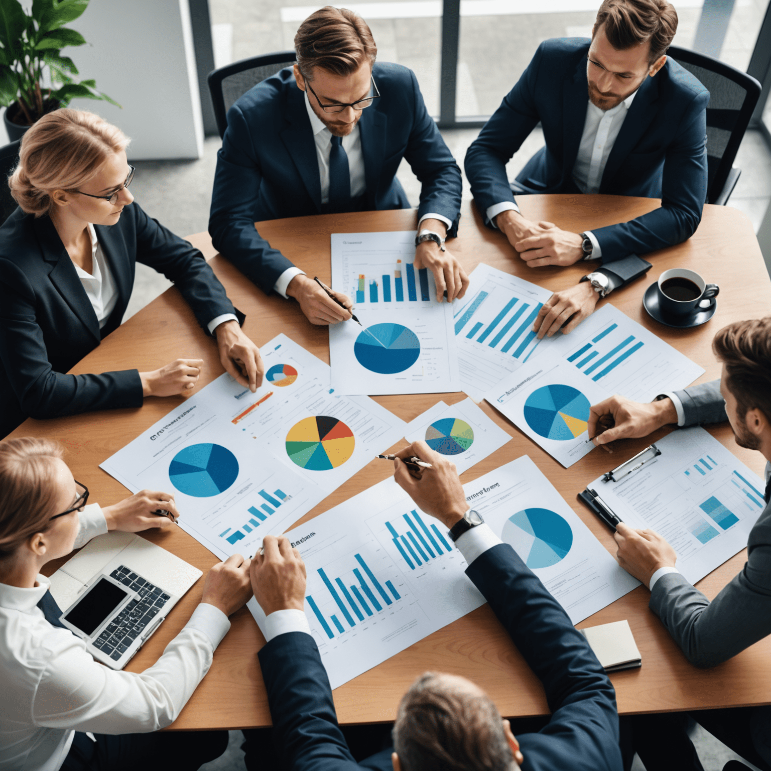 A group of business professionals gathered around a conference table, engaged in strategic planning discussions. Charts, graphs, and documents are spread out on the table as they collaborate to develop a comprehensive plan for their organization's future success.