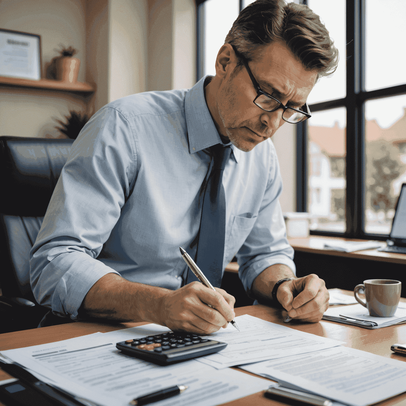 A stressed business owner reviewing financial documents and bills, with a calculator and pen in hand. The image conveys the challenges and pressure of navigating financial hurdles in a business setting.