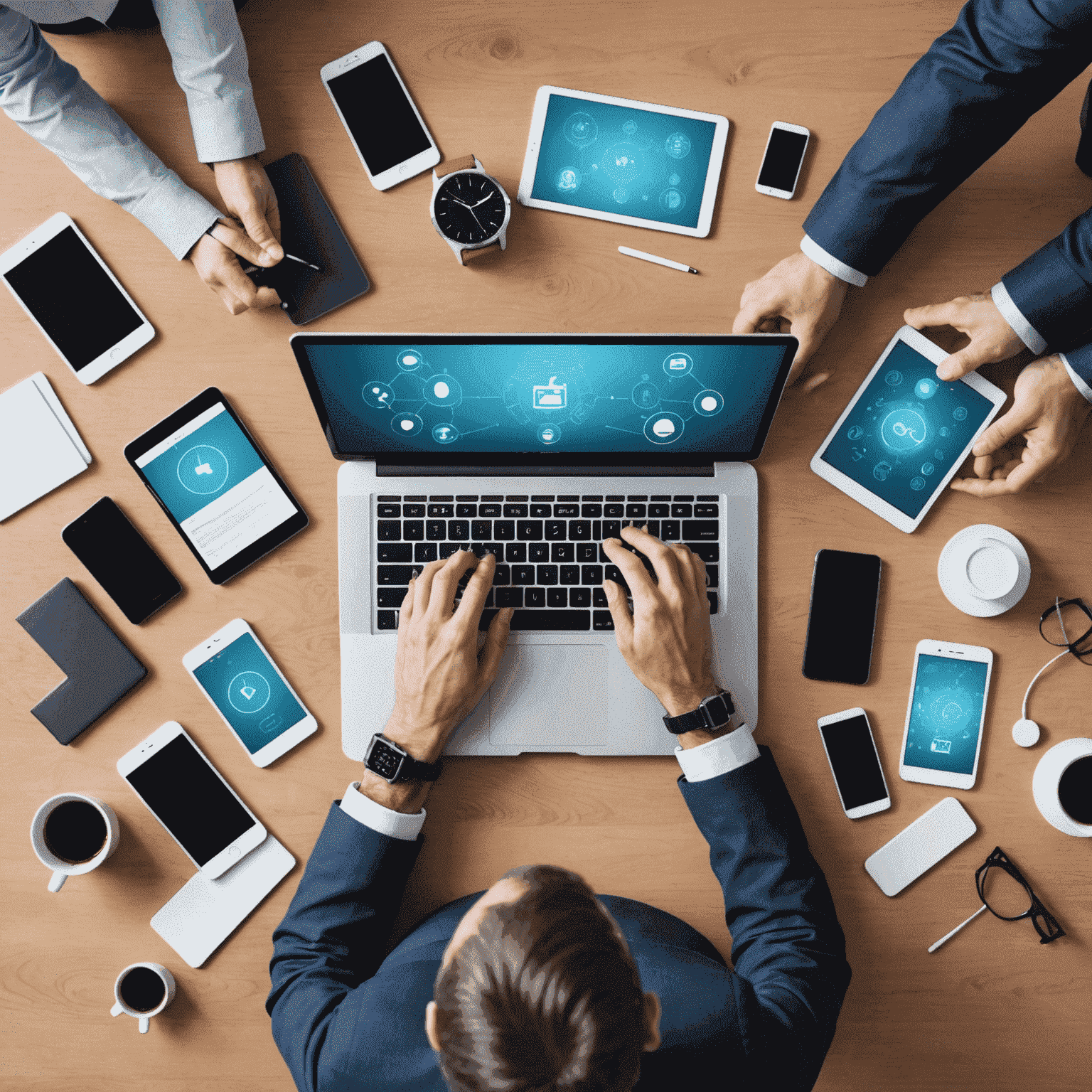 A management consultant working on a laptop, surrounded by various technological devices such as smartphones, tablets, and a smartwatch. The image represents the integration of technology in modern consulting practices.